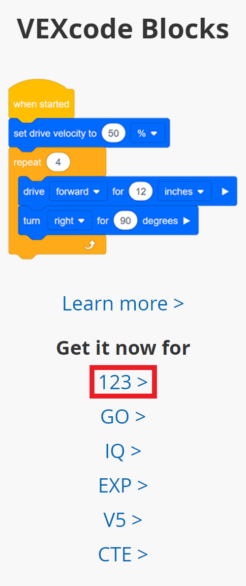 Schermafbeelding van het gedeelte Download VEXcode Now op de VEXcode-pagina, met een gemarkeerde link om VEXcode 123 te downloaden onder de categorie Blokken.