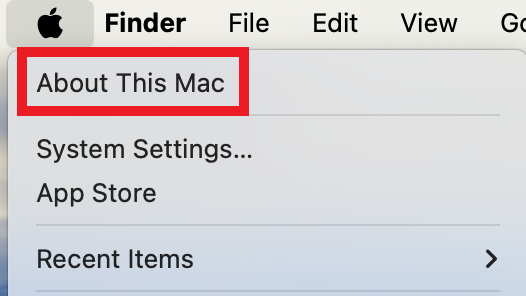 Er is op het Apple-pictogram helemaal links op de Mac-menubalk geklikt om het vervolgkeuzemenu te openen. De optie Over deze Mac in het menu is gemarkeerd.