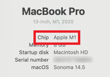 Het menu 'Over deze Mac' is geopend en de chipinformatie is gemarkeerd. In dit voorbeeld heeft de Mac een Apple-chip.
