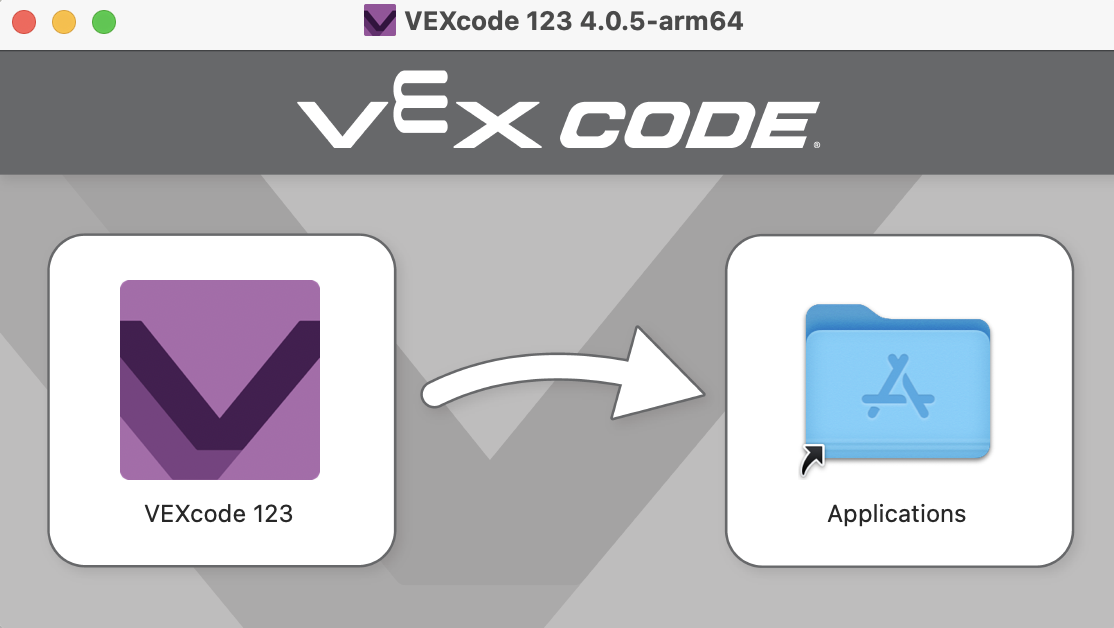 Ekran instalacyjny VEXcode 123, na którym ikona VEXcode 123 znajduje się obok ikony folderu Aplikacje.