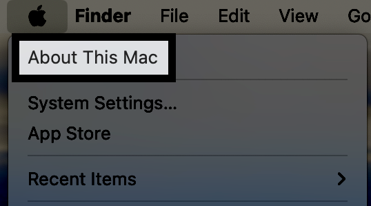 Se ha hecho clic en el icono de Apple en el extremo izquierdo de la barra de menú de Mac para abrir su menú desplegable. La opción Acerca de esta Mac en el menú está resaltada.