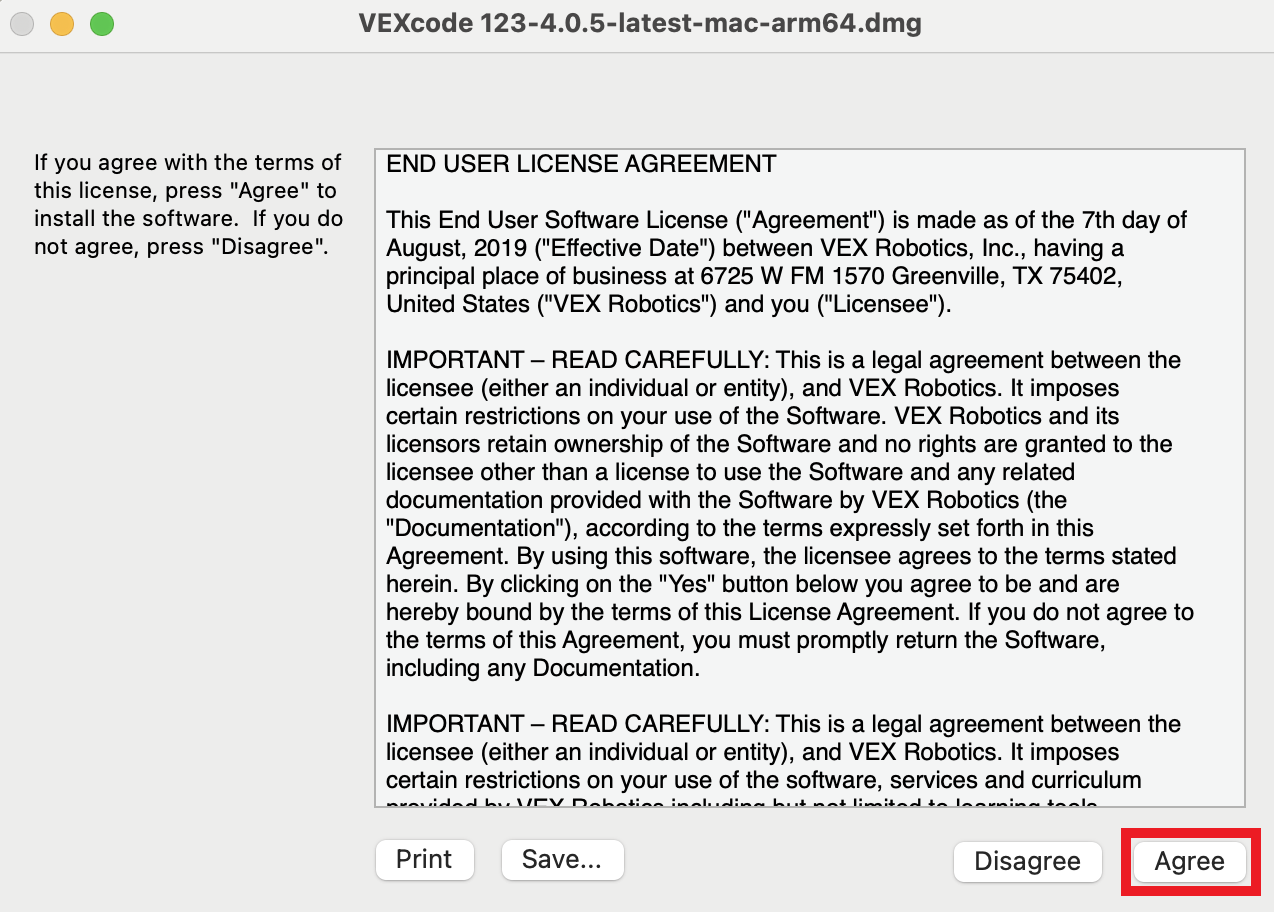 VEXcode 123 সেটআপ উইন্ডোতে EULA দেখাচ্ছে। নীচের "আমি সম্মত" বোতামটি হাইলাইট করা হয়েছে।