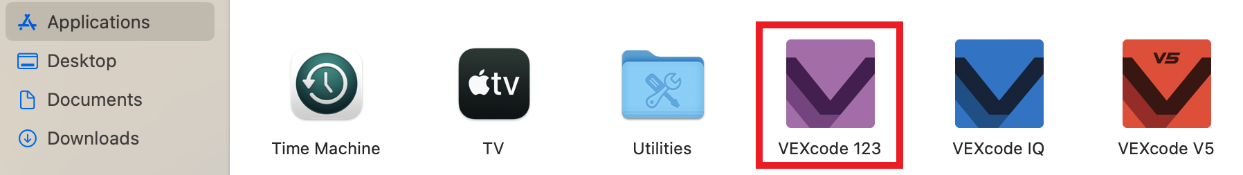 অ্যাপ্লিকেশন ফোল্ডারে VEXcode 123 অ্যাপ্লিকেশন আইকনটি দেখানো হয়েছে।
