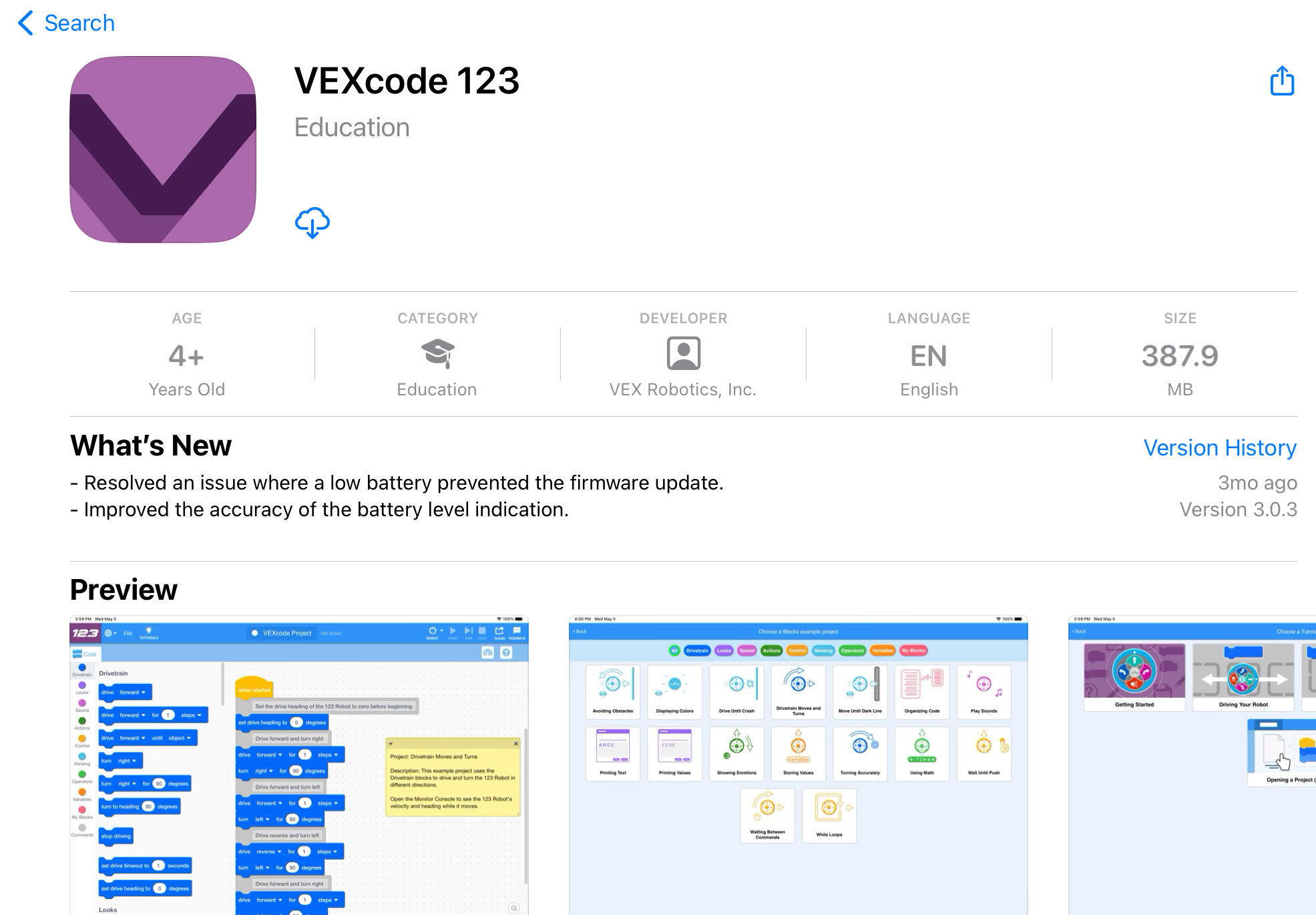 VEXcode 123 Apple App Store'da listeleniyor.