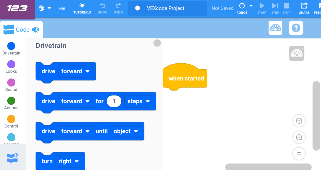 VEXcode 123 uygulaması bir Android tablette açıldı.