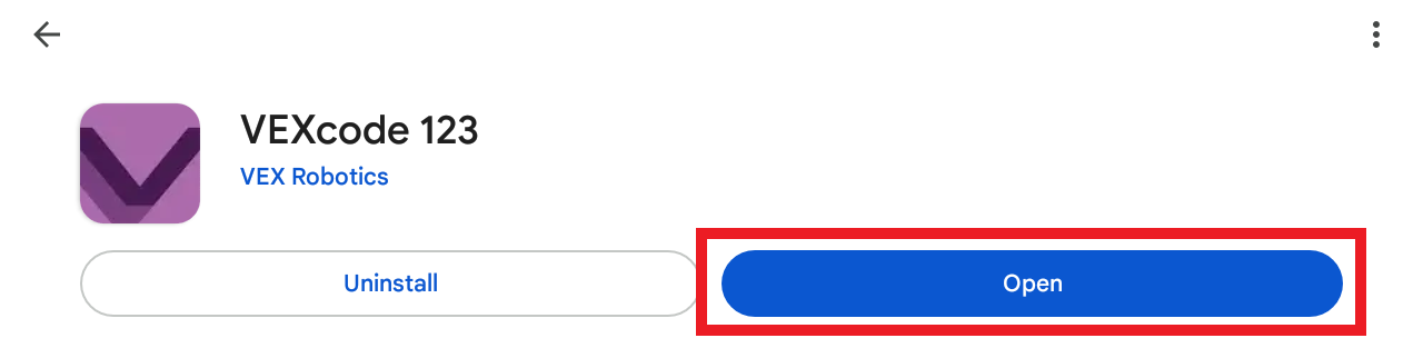 Google Play Store'da VEXcode 123 listesi, uygulama yüklü ve Aç düğmesi vurgulanmış halde.
