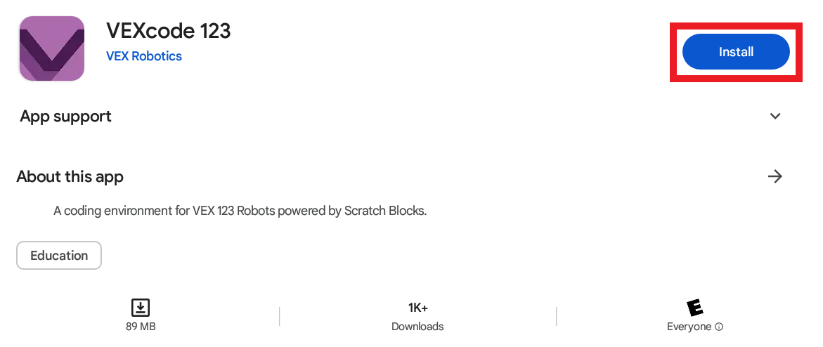 Seznam VEXcode 123 v Obchodě Google Play se zvýrazněným tlačítkem Instalovat.