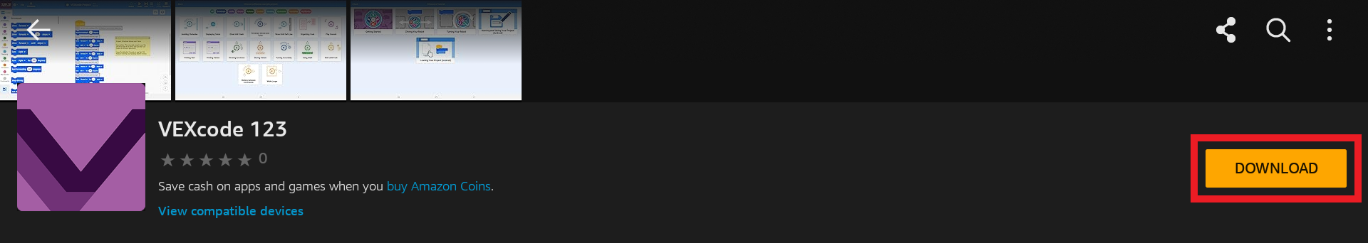 VEXcode 123 staat vermeld in de Amazon Appstore met de Download-knop gemarkeerd.