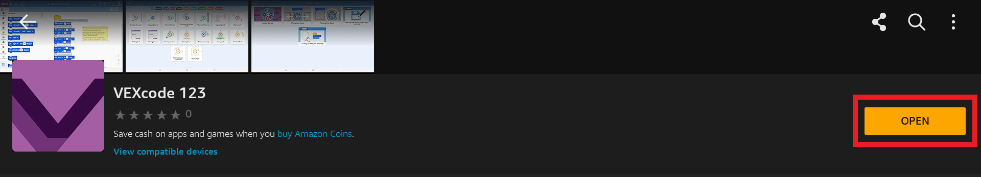 VEXcode 123 saraksts Amazon Appstore ar instalētu lietotni un izceltu pogu Atvērt.