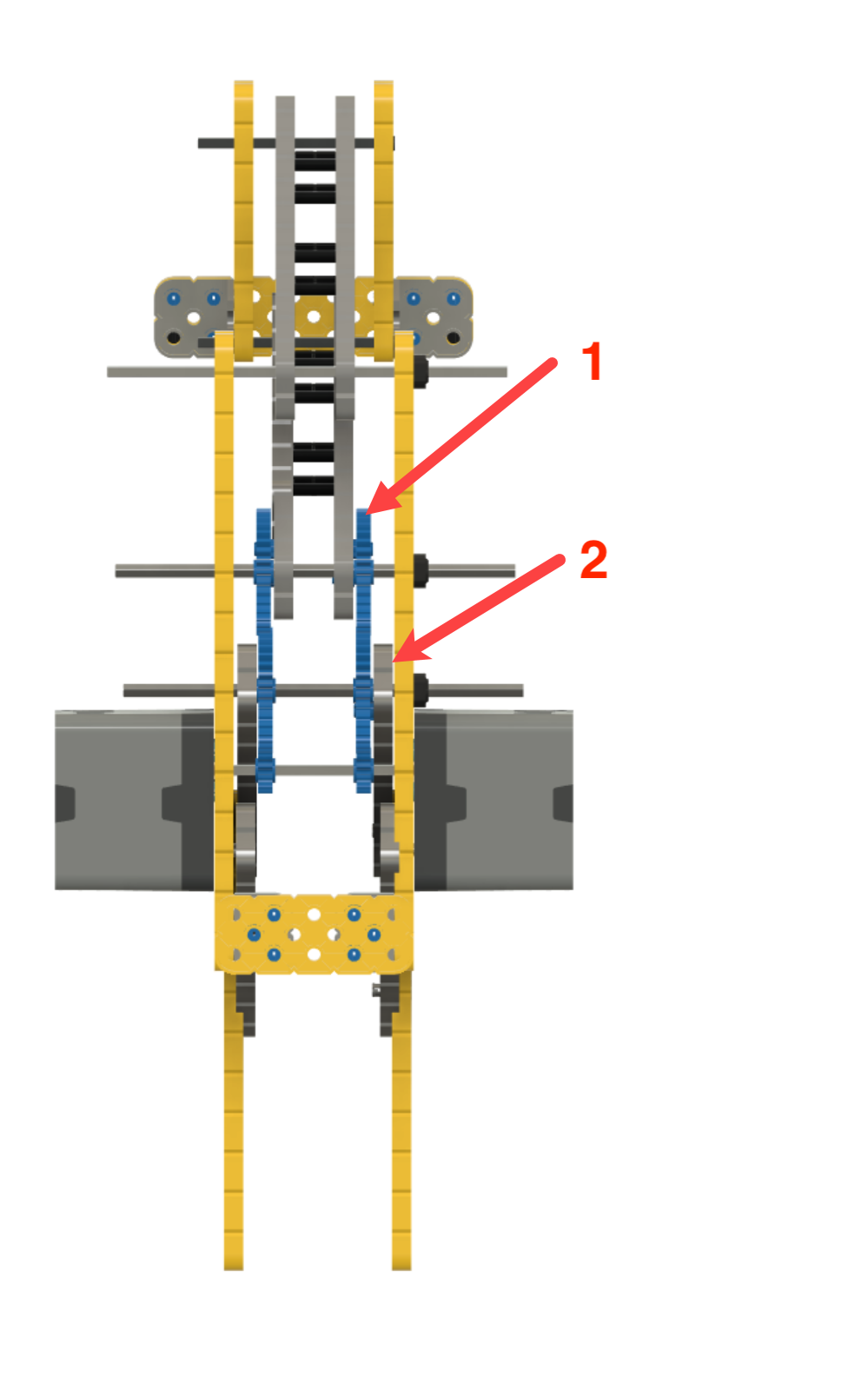 Diagramm mit Montagetipps für die VEX IQ Robotics-Plattform. Es zeigt die wichtigsten Komponenten und ihre Anordnung, um Lehrkräften und Schülern den effektiven Bau von Robotern zu erleichtern.