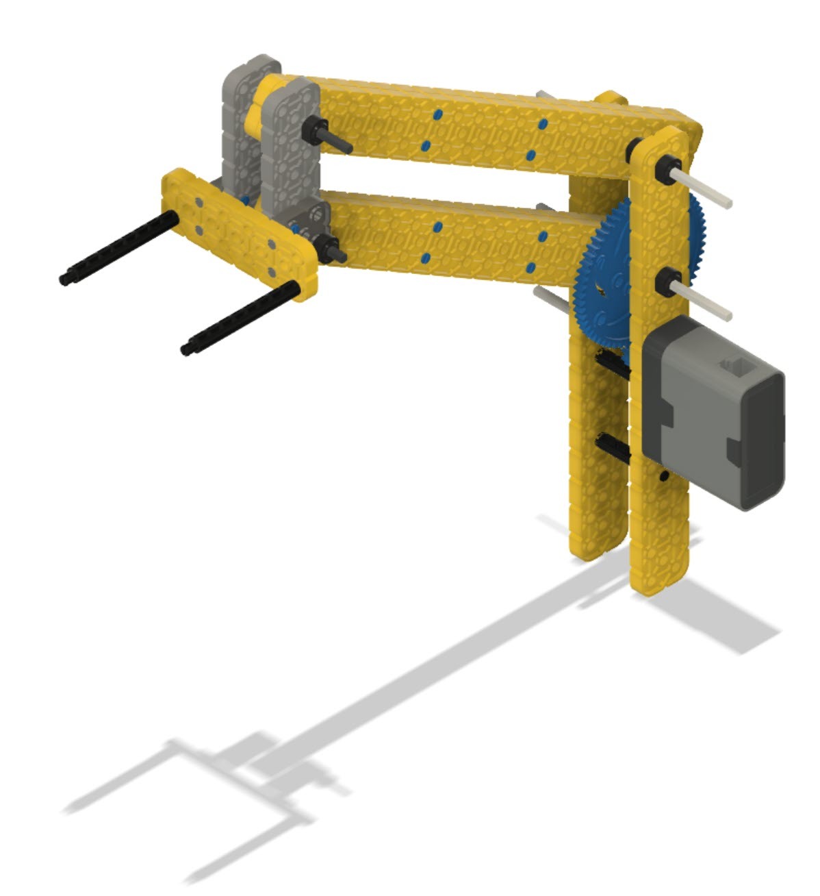 Góc nhìn nghiêng của một cánh tay liên kết sử dụng hai thanh xoay và một tay chĩa để nâng vật lên.