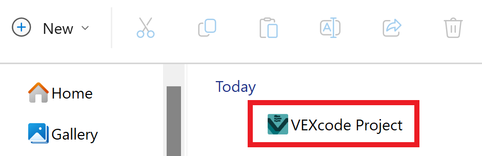 先前儲存的 VEXcode GO 專案可在裝置檔案中看到並突出顯示。