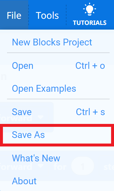 Thanh công cụ VEXcode GO với menu File mở và tùy chọn Save As được tô sáng. Lưu dưới dạng là tùy chọn thứ năm trong menu, bên dưới Dự án khối mới, Mở, Mở ví dụ và Lưu.