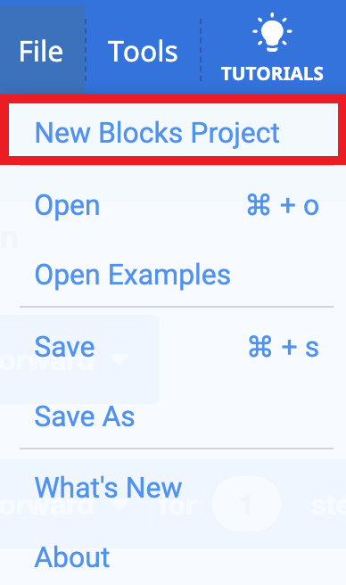 VEXcode GO -työkalupalkki, jossa Tiedosto-valikko on auki ja Uusi lohkoprojekti -vaihtoehto korostettuna. New Blocks Project on valikon ensimmäinen vaihtoehto.