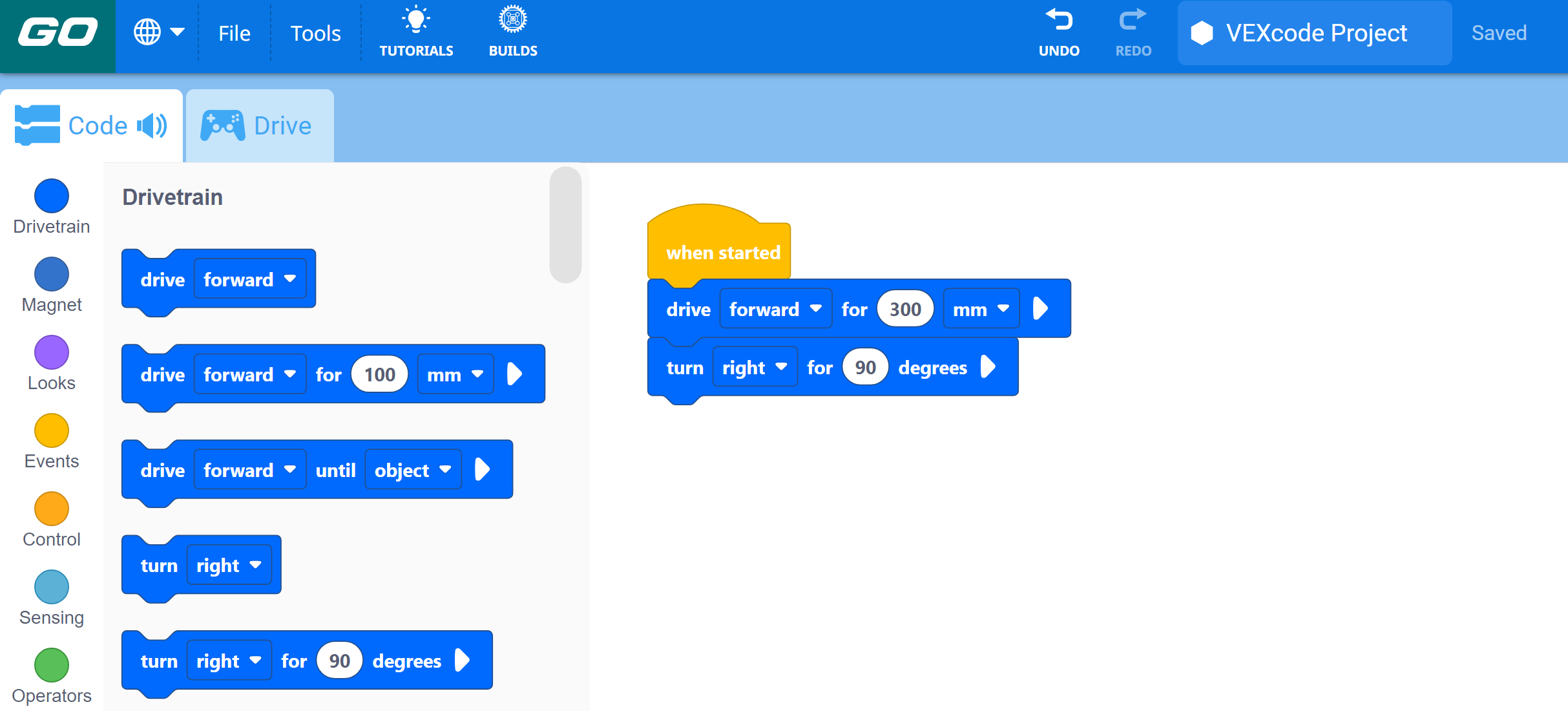 VEXcode GO aiemmin tallennetulla Blocks-projektilla avattiin onnistuneesti.