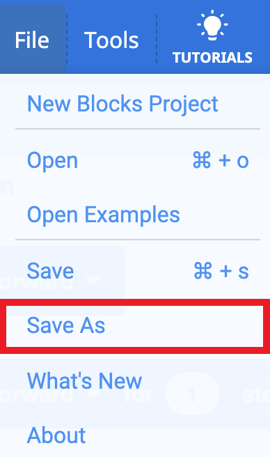 Thanh công cụ VEXcode GO với menu File mở và tùy chọn Save As được tô sáng. Lưu dưới dạng là tùy chọn thứ năm trong menu, bên dưới Dự án khối mới, Mở, Mở ví dụ và Lưu.