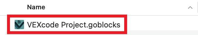 Раніше збережений проект VEXcode GO видно з файлів пристрою та підсвічується.