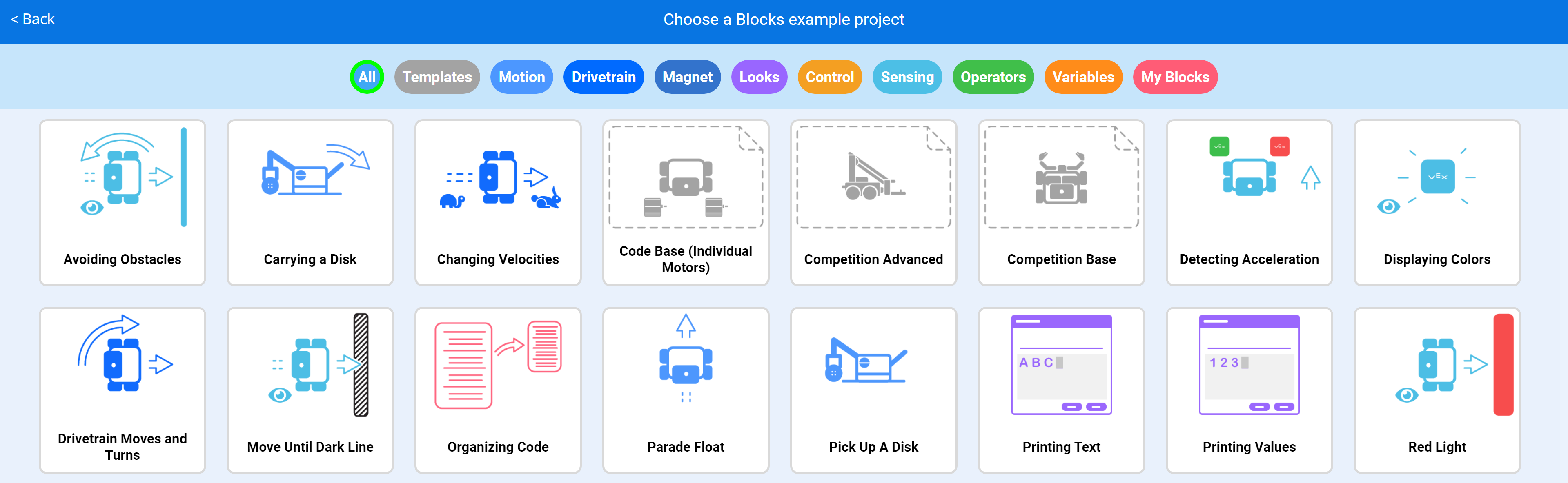 Меню прикладів проектів VEXcode Blocks із різноманітними проектами в різних категоріях на вибір.