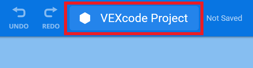 VEXcode GO 工具列，其中項目名稱欄位突出顯示。 項目名稱右側的標籤顯示「未儲存」。