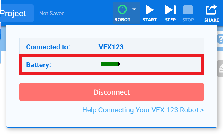 VEXcode 123 mit einem verbundenen Roboter und geöffnetem Dropdown-Menü „Roboter“. Das Batterieanzeigesymbol ist hervorgehoben.