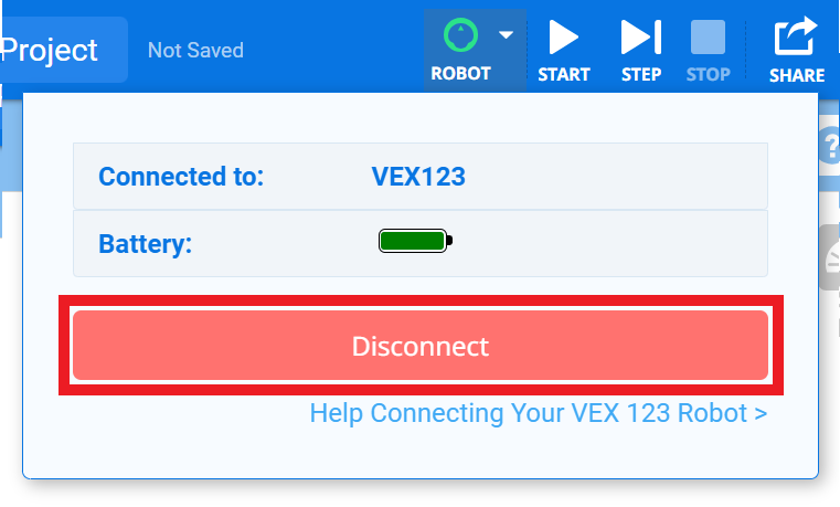 VEXcode 123 mit einem verbundenen Roboter und geöffnetem Dropdown-Menü „Roboter“. Die Schaltfläche „Trennen“ ist hervorgehoben.