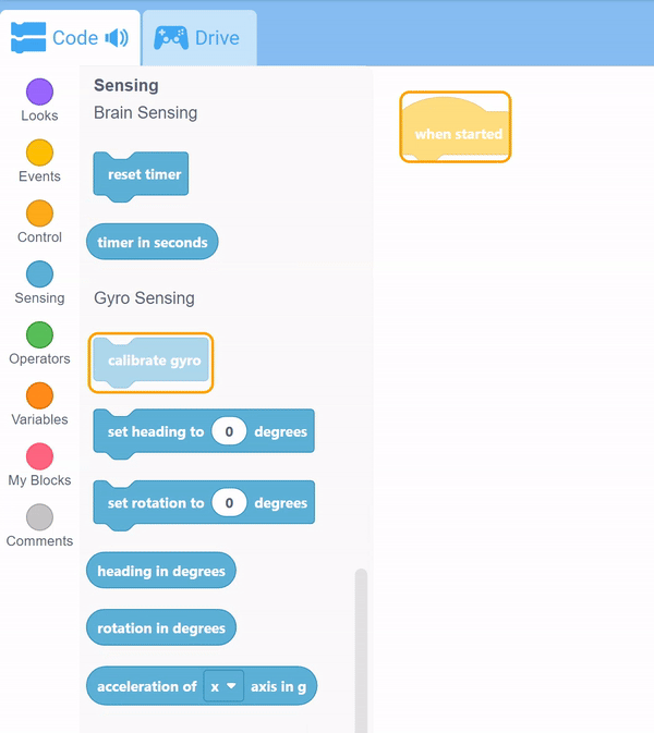 VEXcode GO 인터페이스에서 도구 상자를 열고 도구 상자 커서를 센싱 범주의 교정 자이로 블록에 놓은 모습입니다. 리턴 키를 누르면 도구 상자가 닫히고 보정 자이로 블록이 코딩 작업 공간에 자체 스택으로 추가됩니다.