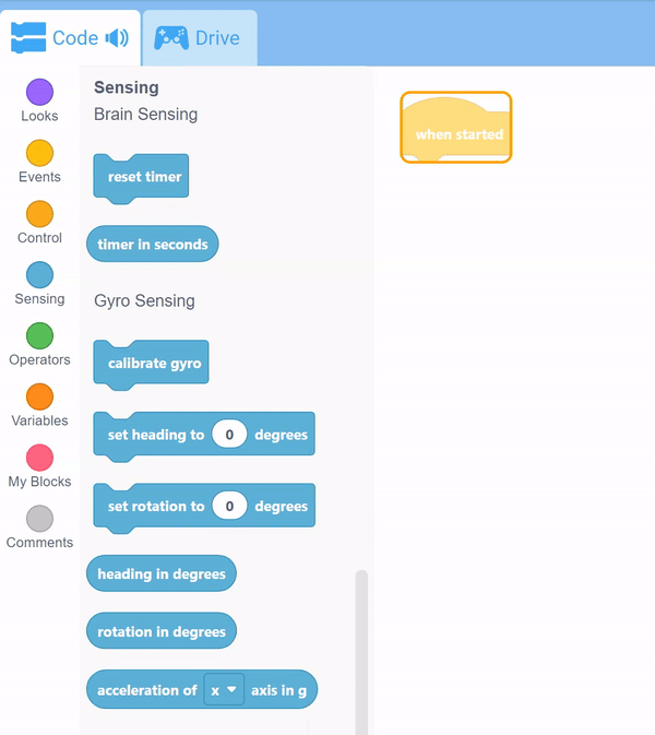 VEXcode GO 介面工具箱打開，使用鍵盤滾動瀏覽感測類別中的各個區塊。
