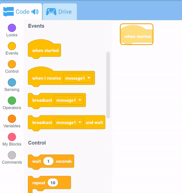 VEXcode GO 介面工具箱打開，使用鍵盤滾動瀏覽每個區塊類別。