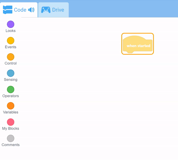 VEXcode GO 介面，其中工作區中有一個選定的堆疊。 再按一次 A 鍵，堆疊上方就會出現一個黃色遊標條。