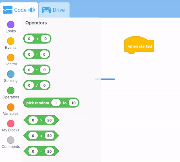 VEXcode GO 介面，工具箱開啟並選擇了特定的區塊。 該區塊被加入到與工作區遊標保存的相同位置。