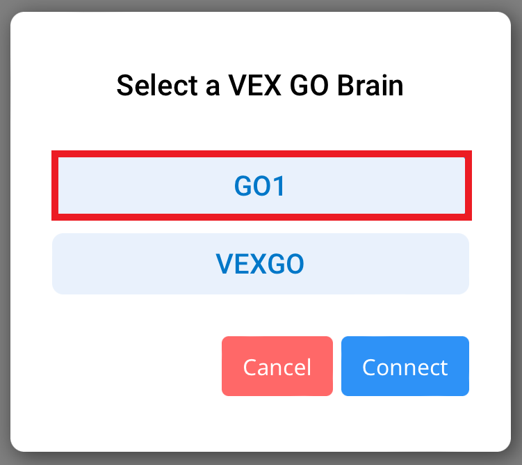 VEXcode GO із відкритим діалоговим вікном для вибору GO Brain для підключення. У списку показано два мозку, і перший мозок у списку виділено.