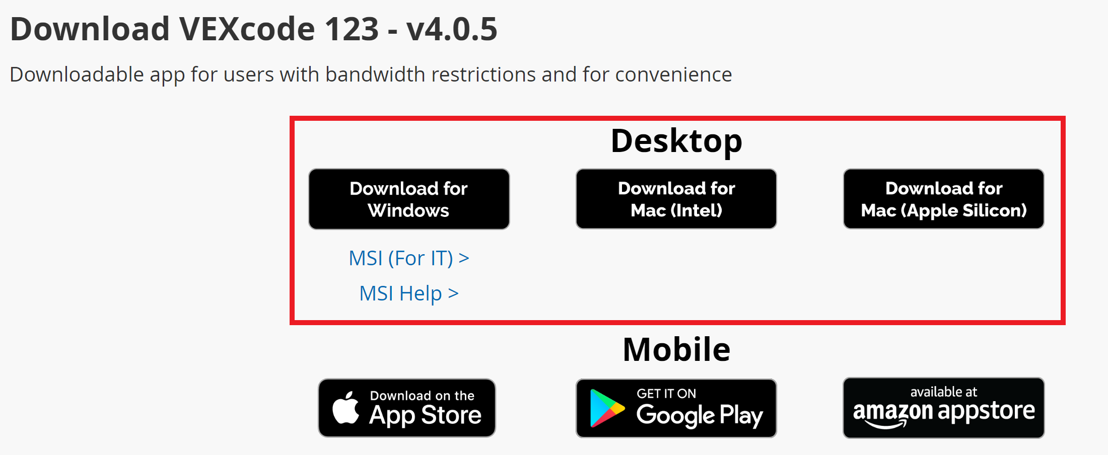 يتم تسليط الضوء على خيارات تنزيل VEXcode 123 لسطح المكتب، بما في ذلك منصات Windows وMac Intel وMac Apple Silicon.