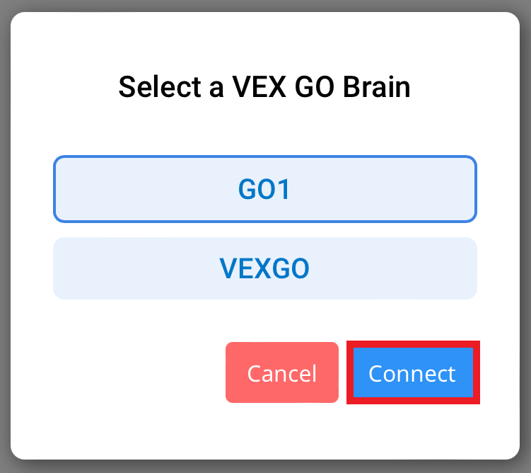 VEXcode GO із відкритим діалоговим вікном для вибору GO Brain для підключення. Перший мозок у списку вибрано, а кнопку підключення підсвічено.