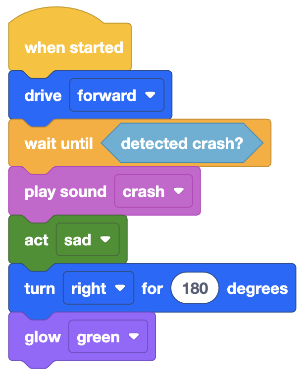 VEXcode 123 bloquea el proyecto con un bloque de cada categoría para mostrar el esquema de color predeterminado.