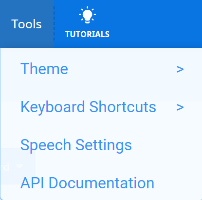 Barra de herramientas VEXcode GO con el menú desplegable Herramientas abierto. Se muestran cuatro opciones, que leen Tema, Atajos de teclado, Configuración de voz y Documentación de la API.