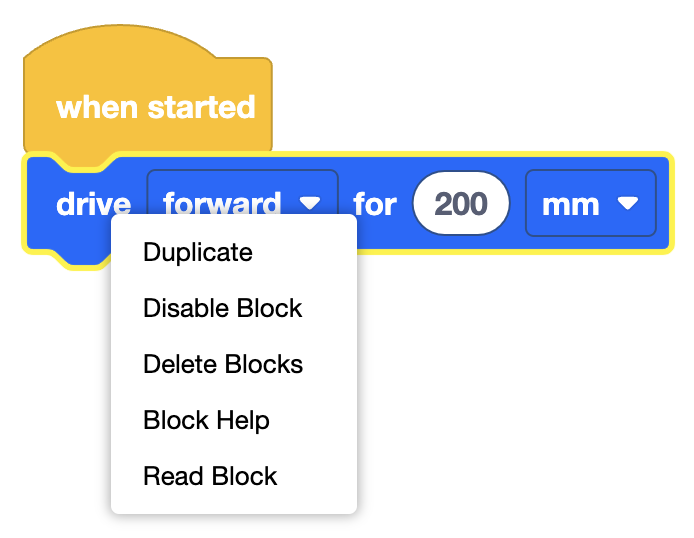 블록의 VEXcode GO Drive가 컨텍스트 메뉴와 함께 표시됩니다. 위에서 아래로 옵션은 복제, 블록 비활성화, 블록 삭제, 블록 도움말, 블록 읽기입니다.