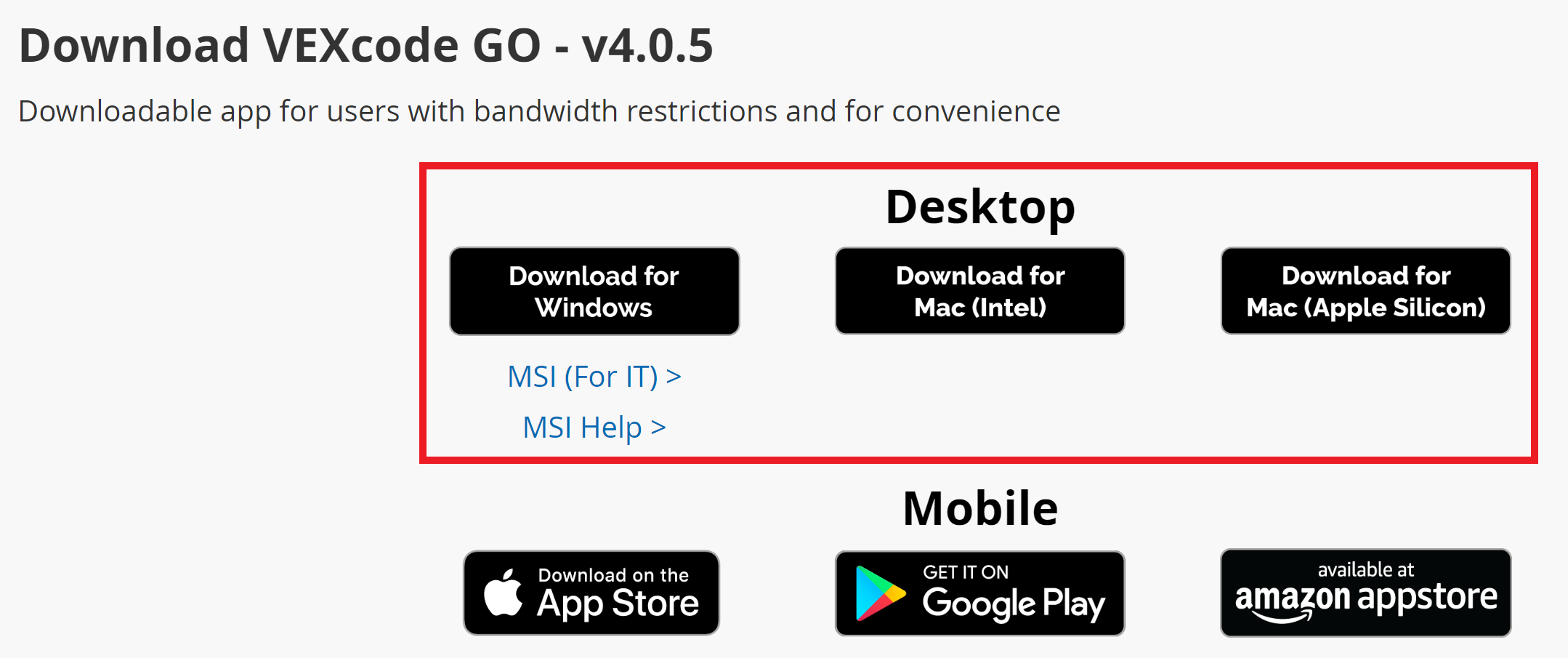 Windows, Mac Intel, Mac Apple Silicon 플랫폼을 포함하여 데스크톱용 VEXcode GO 다운로드 옵션이 강조 표시됩니다.