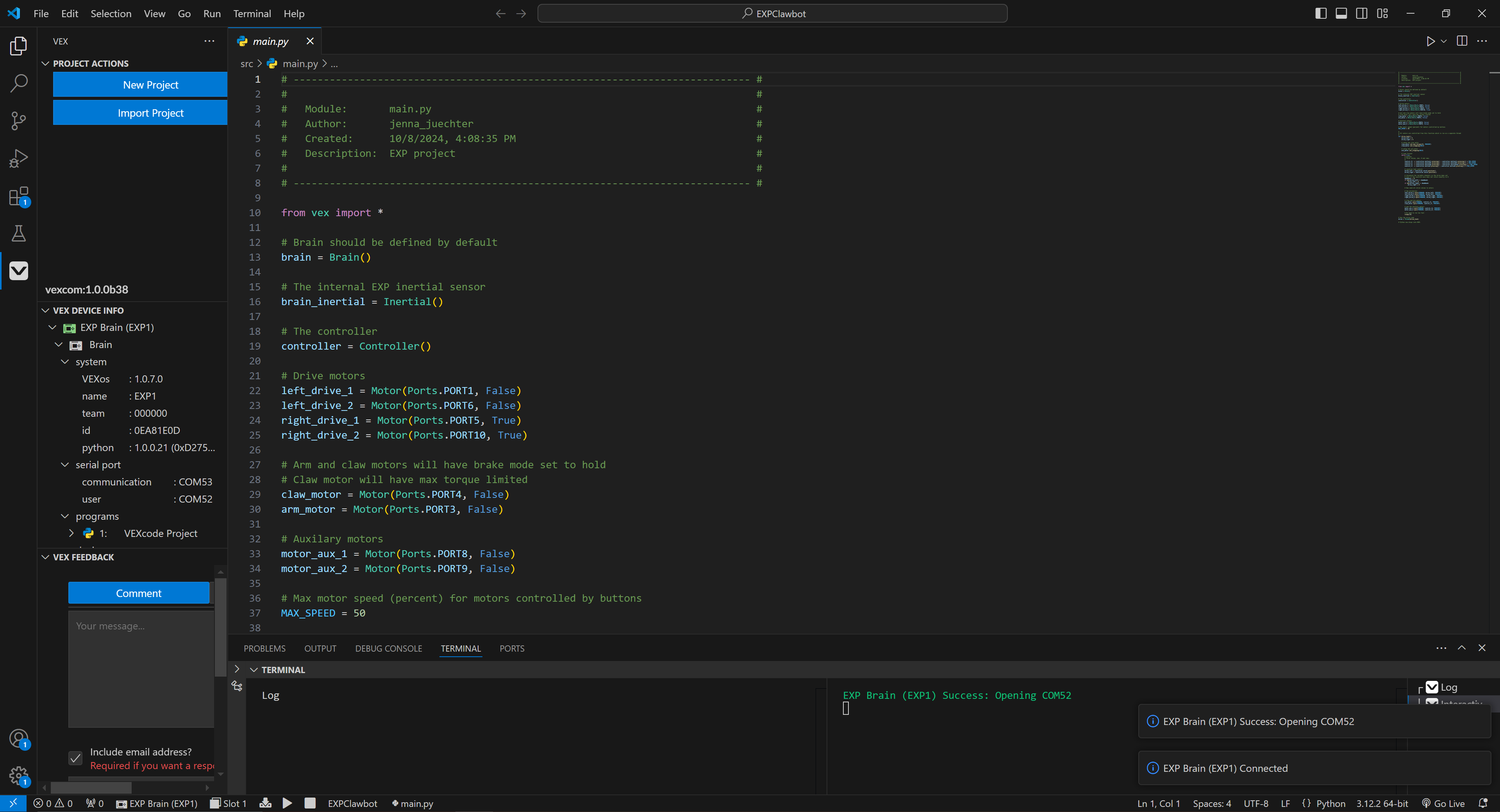 Screenshot, der das vollständige VEX VS Code UI-Layout zeigt. Die Aktivitätsleiste und die Seitenleiste befinden sich auf der linken Seite des Bildschirms, die Symbolleiste und das Terminal befinden sich auf der unteren Seite des Bildschirms, und der Editor füllt den restlichen Bildschirm aus.