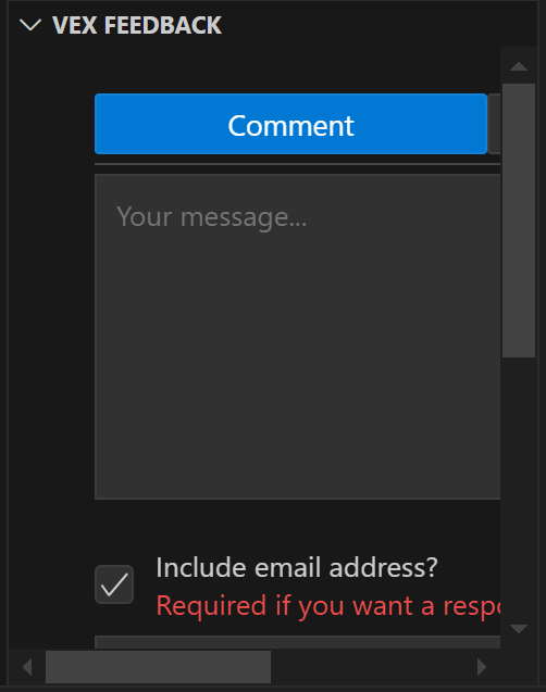 Sekce VEX Feedback v zobrazení VEX Extension. Tato sekce obsahuje formulář s možnostmi pro odeslání zpětné vazby společnosti VEX.