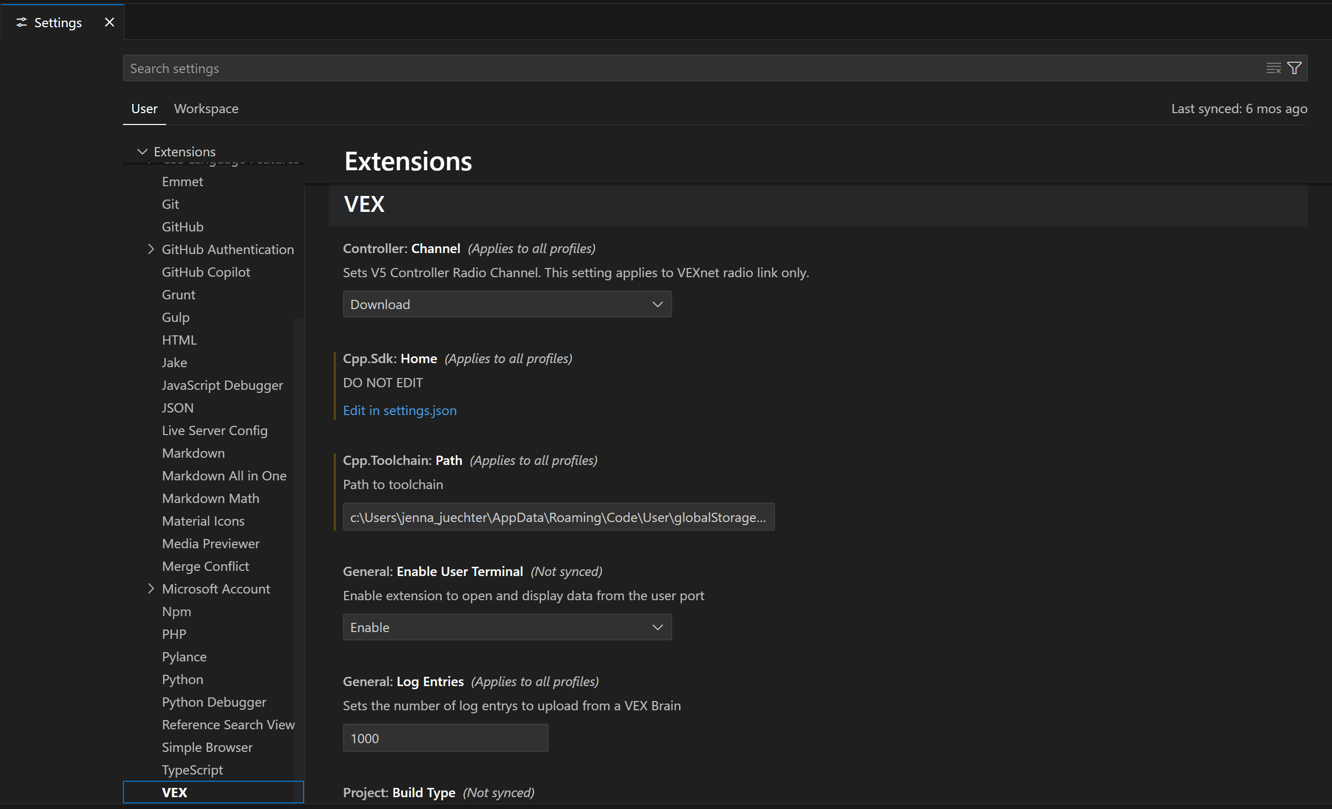 VS Code Gebruikersinstellingen wordt geopend in de VEX-categorie, waar het gedrag van de VEX Robotics Extension kan worden aangepast.