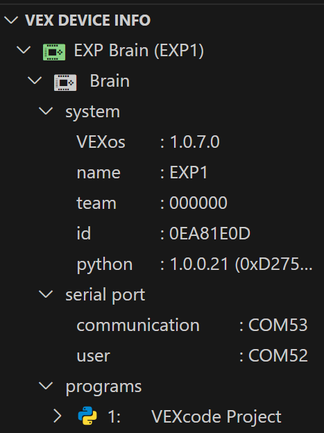 VEX Device Info section of the VEX Extension View is shown, with a list of all connected devices and specific info about each one. In this example, an EXP Brain and its downloaded programs are shown.