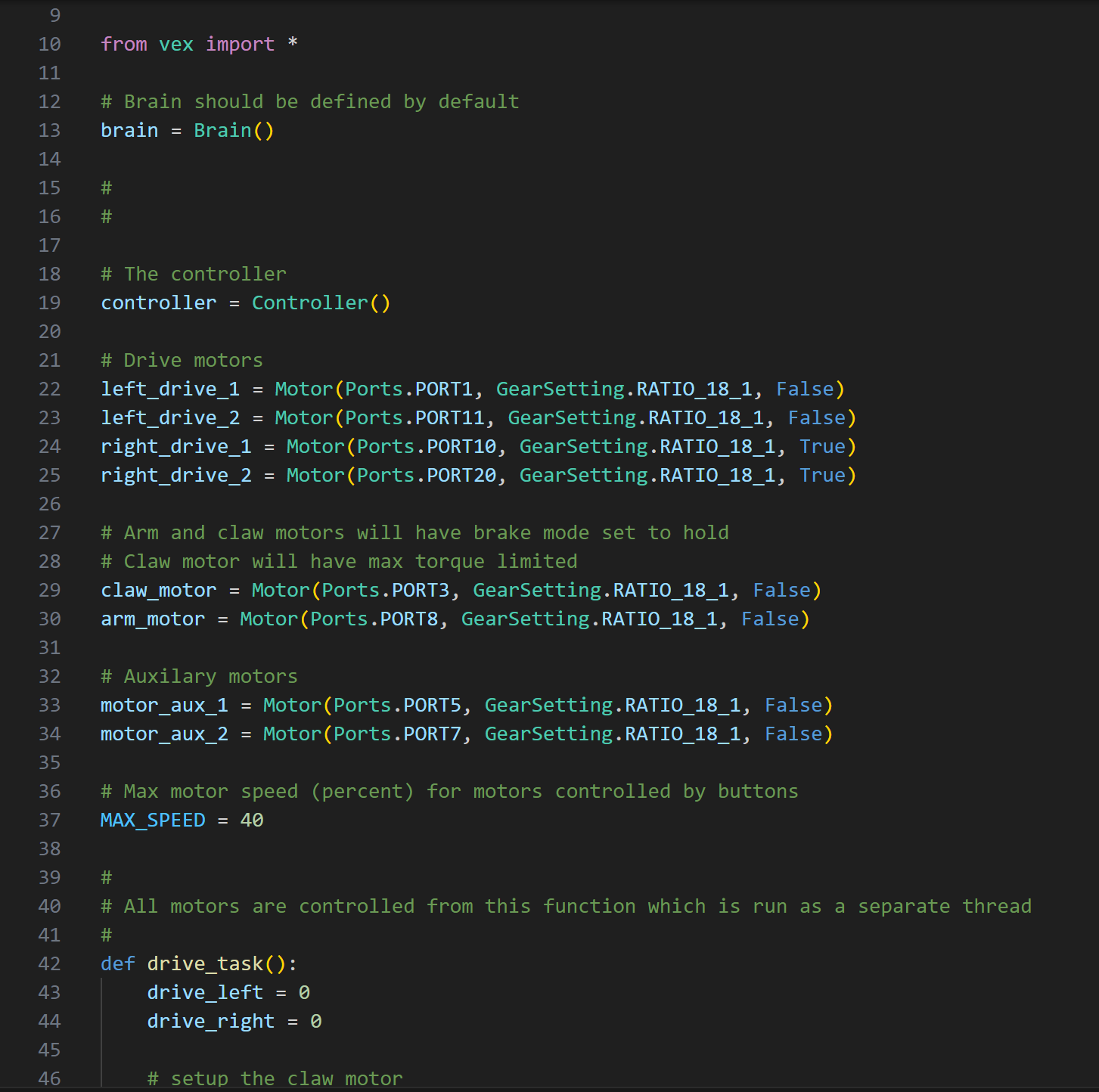 VS Code Editor với tệp Python được mở như một phần của dự án VEX. Có thể viết và chỉnh sửa mã Python hoặc C/C++ tại đây để tạo chương trình robot VEX khi kết nối với VEX Brain.