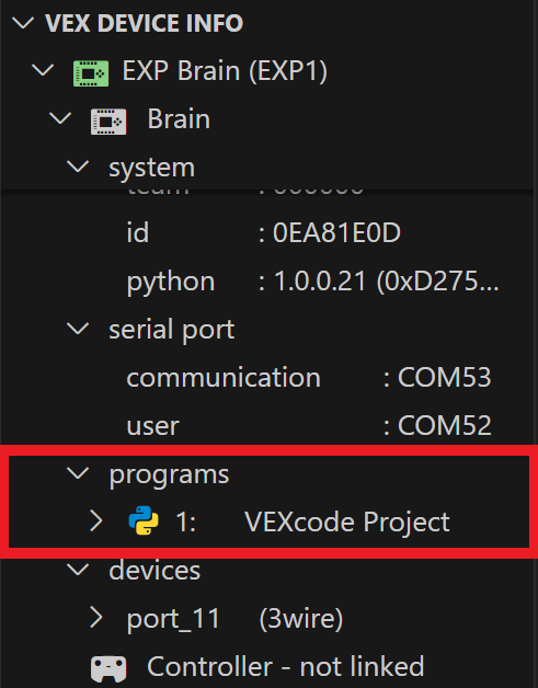 De map Programma's en de inhoud ervan worden gemarkeerd weergegeven onder de map Brain. In de map Programma's worden alle gedownloade VEX-projecten op de Brain weergegeven. In dit voorbeeld is er één Python-programma gedownload naar de aangesloten Brain.