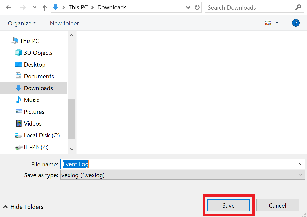 Das Dateiverwaltungsprogramm des Geräts ist geöffnet und so eingestellt, dass es im Ordner „Downloads“ speichert. Die neue Datei hat den Typ .vexlog und wurde „Ereignisprotokoll“ genannt. Unten ist die Schaltfläche „Speichern“ hervorgehoben.