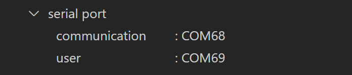 Der Ordner „Serial Port“ und sein Inhalt werden unterhalb des Ordners „Brain“ angezeigt. Der Ordner „Serieller Port“ enthält Daten über die kabelgebundene Verbindung des Gehirns. Diese Daten lauten: Kommunikation COM68, Benutzer COM69.