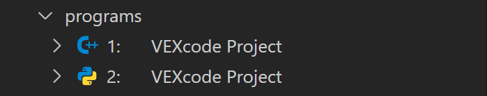 Unterhalb des Ordners „Gehirn“ werden der Ordner „Programme“ und dessen Inhalt angezeigt. Im Ordner „Programme“ werden alle heruntergeladenen VEX-Projekte auf dem Brain angezeigt. In diesem Beispiel werden ein C/C++-Programm und ein Python-Programm auf das verbundene Gehirn heruntergeladen.
