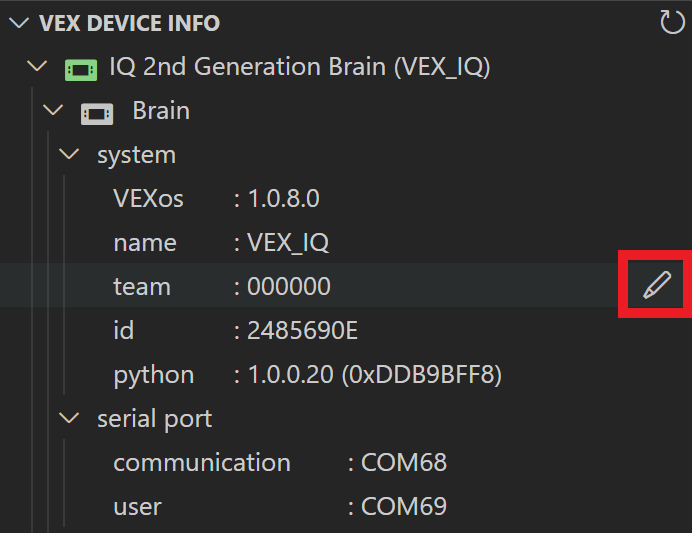 El cursor se encuentra sobre la opción Equipo dentro de la carpeta Sistema y hay un ícono de Lápiz junto a ella que está resaltado.