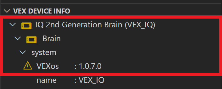 El icono de la carpeta del cerebro y el icono del indicador de dispositivo VEX se muestran en naranja, y hay un símbolo de peligro junto a la versión VEXos del sistema. Estos signos indican que la versión VEXos de Brain está desactualizada.