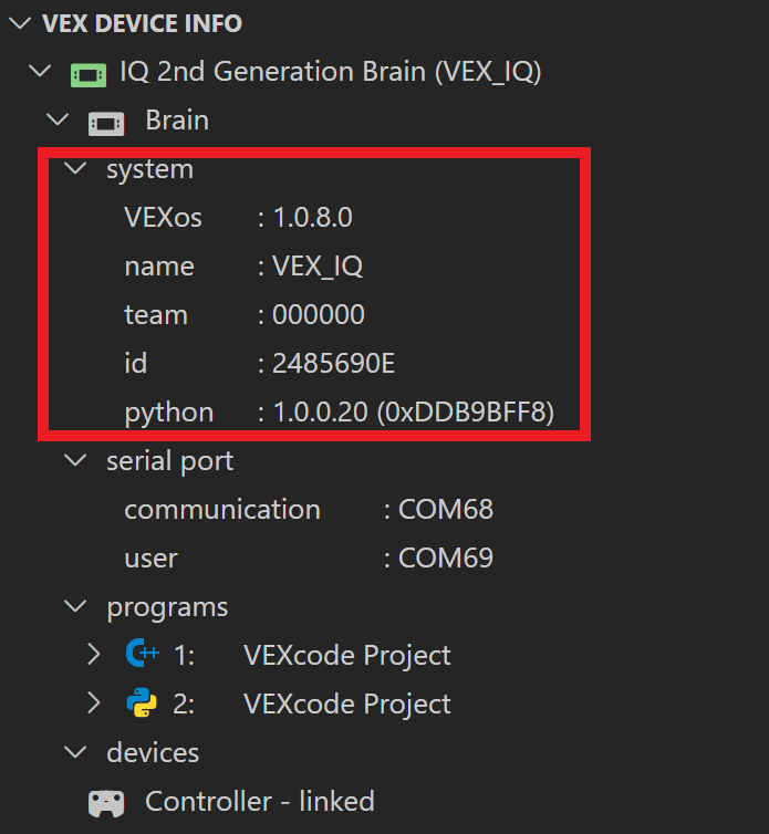 A pasta do sistema e o seu conteúdo são apresentados e destacados abaixo da pasta Brain. A pasta do sistema contém dados sobre o Brain, e os dados indicam VEXos 1.0.8.0, nome VEX_IQ, equipa 000000, id 2485690E e Python 1.0.0.2.0.