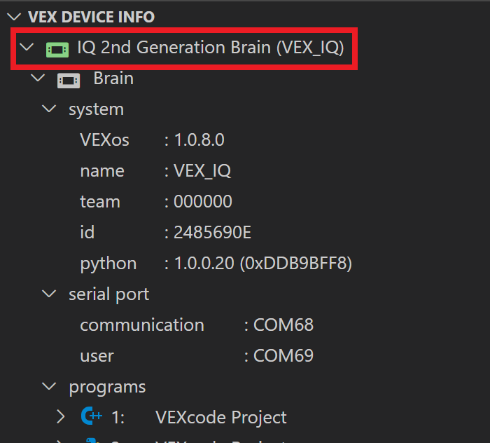 VEX デバイス インジケーター フォルダーが強調表示された VEX デバイス情報セクション。 この例では、VEX デバイス インジケーター フォルダーには、IQ 2nd Generation Brain (VEX_IQ) と表示されます。